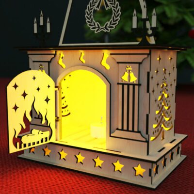 Christmas Fireplace Laser Cut File Candle Holder Lamp