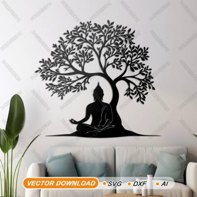 Buddha Under Tree Laser Cut File | Wall Art | SVG, AI, DXF