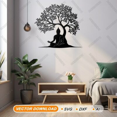 Buddha Meditazione sotto Albero – Arte Murale Laser