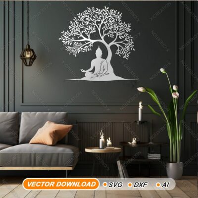 Buddha Meditazione sotto Albero – Arte Murale Laser