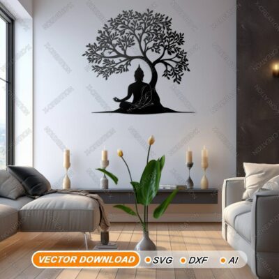 Buddha Meditazione sotto Albero – Arte Murale Laser