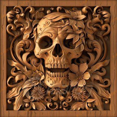 3D Skull with Flora – HQ PNG for Engraving & Glowforge