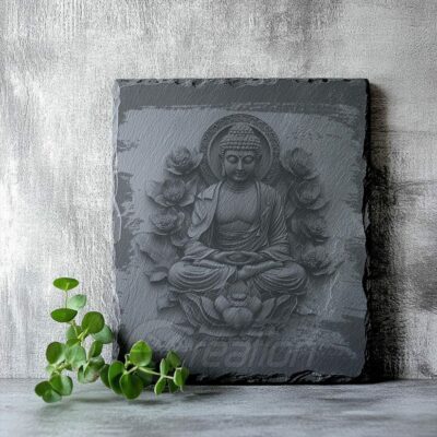 Meditazione Buddha Incisione Laser 3D su Ardesia – PNG di Alta Qualità