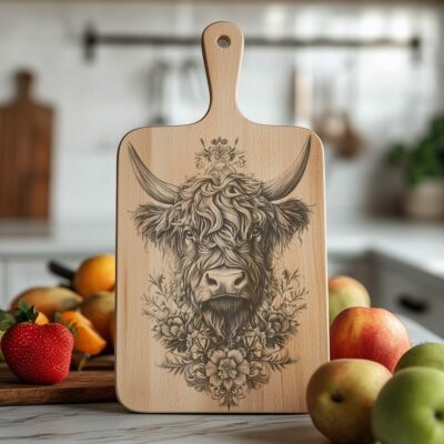 Charcuterie Board Engraving File, Highland Cow and Flowers,