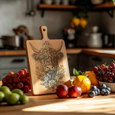 Highland Cow & Flowers Charcuterie Board - 3D