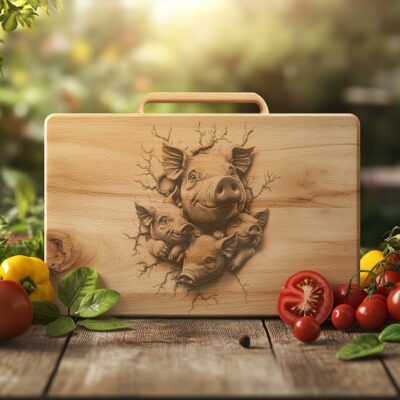 Charcuterie Board Engraving File, Pig Family, 3D illusion