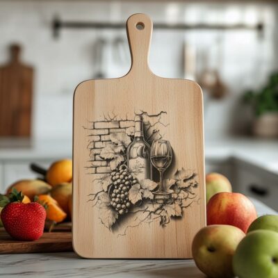 Charcuterie Board Engraving File, Wine Bottle, Grapes, 3D