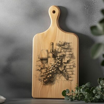 Charcuterie Board Engraving File, Wine Bottle, Grapes, 3D