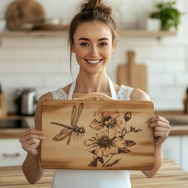 Charcuterie Board Laser Engraving File, Dragonfly, Flower |