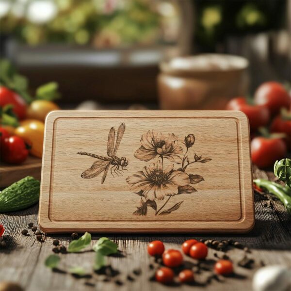 Charcuterie Board Laser Engraving File, Dragonfly, Flower |