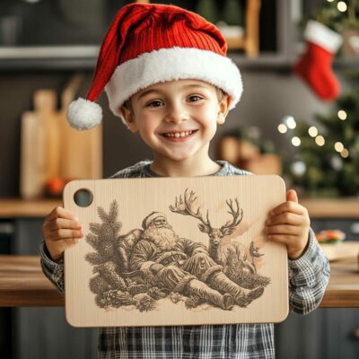 Grabado de tabla de quesos y fiambres con Papá Noel y renos: decoración de cocina