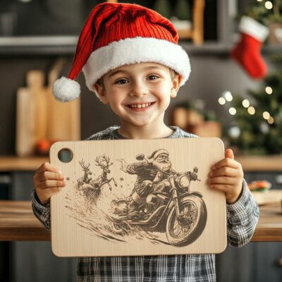 Christmas Santa Claus on Motorcycle, Charcuterie Board Engraving