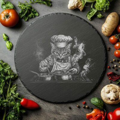 Cat Chef Schwarztafel-Käsebrett | PNG-Lasergravur | Küchendekor