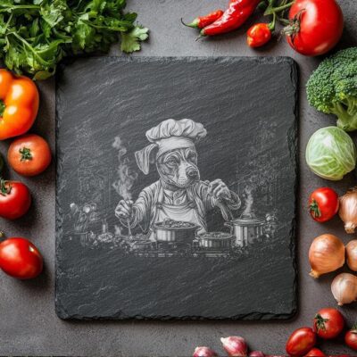 Tabla de queso Dog Chef Slate | Grabado láser PNG | Decoración de cocina