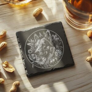 Dog & Flower Slate Coaster Laser Engraving File