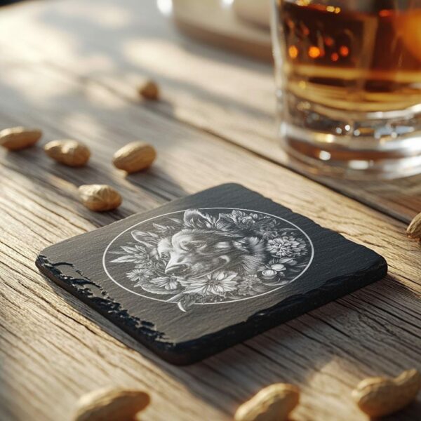 Dog & Flower Slate Coaster Laser Engraving File