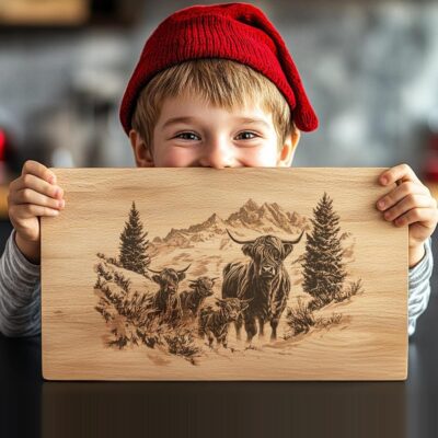  Plateau de charcuterie familial Highland Cow | Fichier de gravure laser de Noël 