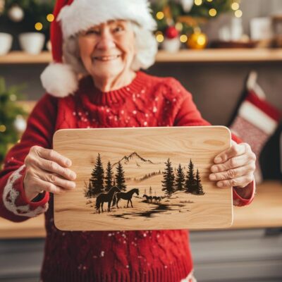 Schneidebrett mit Gravur der Pferdefamilie | Weihnachtsdeko für