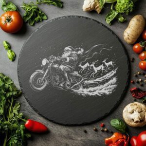 Laser Engraved Slate Cheese Board – Santa on Motorcycle | Christmas Decor