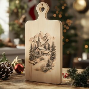 Peaceful Winter Church Charcuterie Board Laser Engraving |