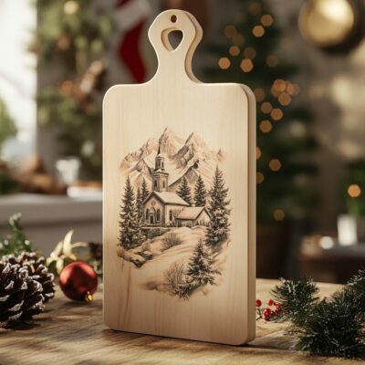 Peaceful Winter Church Charcuterie Board Laser Engraving | Kitchen Decor