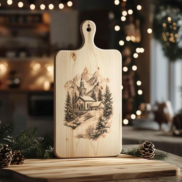 Peaceful Winter Church Charcuterie Board Laser Engraving |