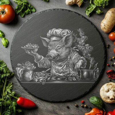 Pig Chef Slate Hackbrett | PNG-Lasergravur | Küchendekoration