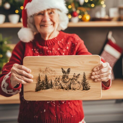 Gravierung Schneidebrett Kaninchenfamilie | Weihnachtsdeko Küche