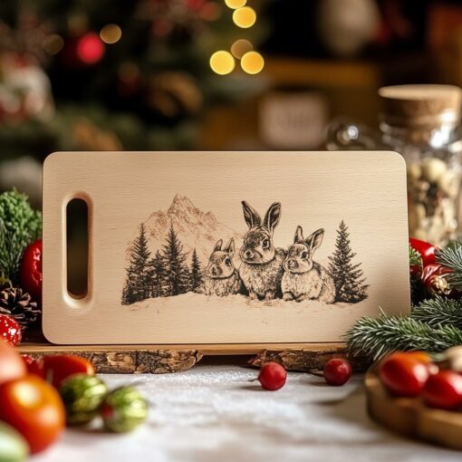 Gravierung Schneidebrett Kaninchenfamilie | Weihnachtsdeko Küche