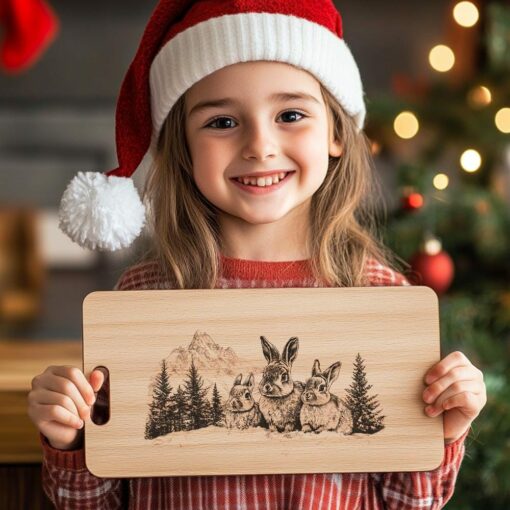 Gravierung Schneidebrett Kaninchenfamilie | Weihnachtsdeko Küche
