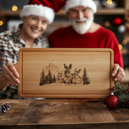 Gravierung Schneidebrett Kaninchenfamilie | Weihnachtsdeko Küche