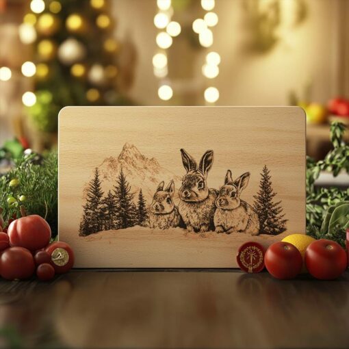 Gravierung Schneidebrett Kaninchenfamilie | Weihnachtsdeko Küche