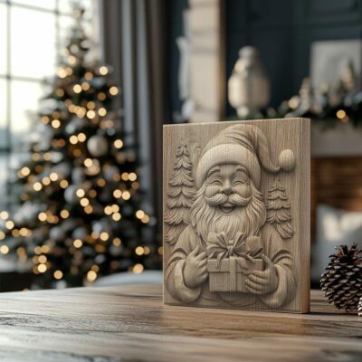 Santa Claus 3D-Lasergravurdatei - lächelnd & Geschenk haltend