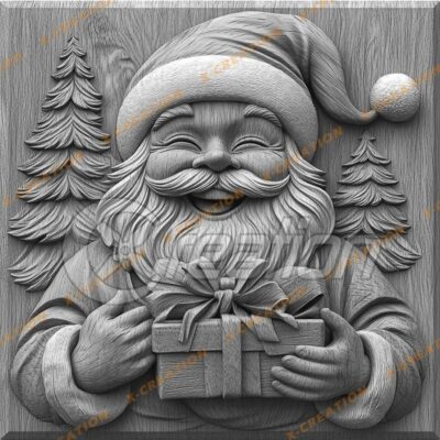 Santa Claus 3D-Lasergravurdatei - lächelnd & Geschenk haltend