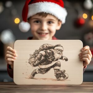 Tavola in legno con incisione laser per salumi con Babbo Natale sui pattini a rotelle | Decorazione cucina