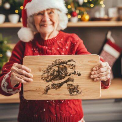 Santa on Roller Skates Charcuterie Board Laser Engraving