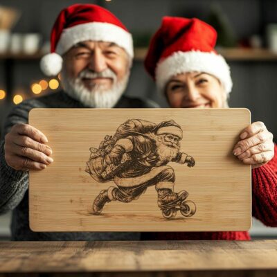 Santa on Roller Skates Charcuterie Board Laser Engraving