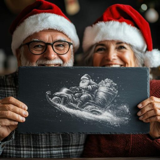 Weihnachtsmann auf Schneemobil Schiefer-Käsebrett | Christmas Laser Engraving