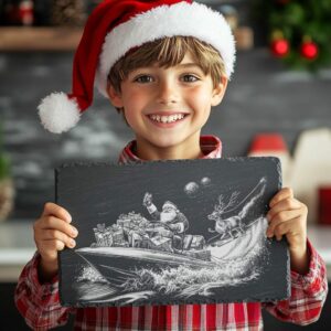 Santa auf Schnellboot Schiefer-Käsebrett | Weihnachts-Laser-Gravurdatei