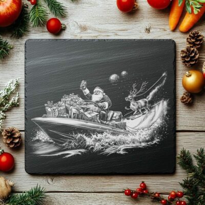 Santa auf Schnellboot Schiefer-Käsebrett | Weihnachts-Laser-Gravurdatei