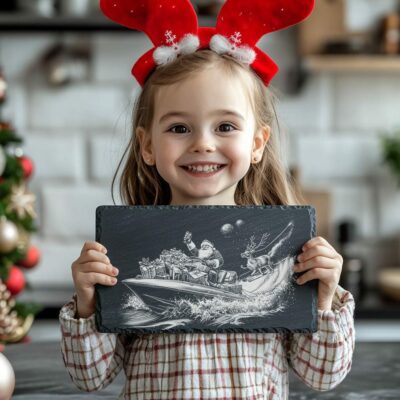 Santa auf Schnellboot Schiefer-Käsebrett | Weihnachts-Laser-Gravurdatei