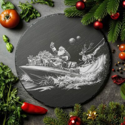 Santa auf Schnellboot Schiefer-Käsebrett | Weihnachts-Laser-Gravurdatei