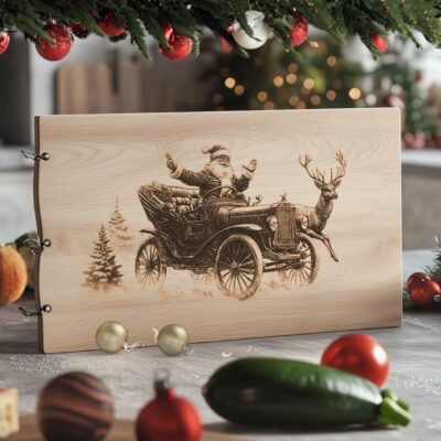 Planche à charcuterie gravée Père Noël sur voiture