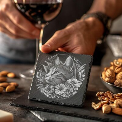 Slate Coaster File | Cat & Flower 3D