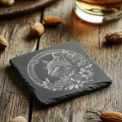 Slate Coaster File | Cat & Flower 3D Illusion PNG Decor