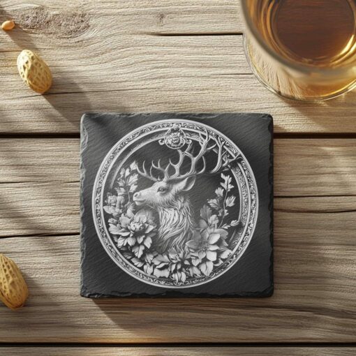 Slate Coaster File | Reindeer & Flower 3D