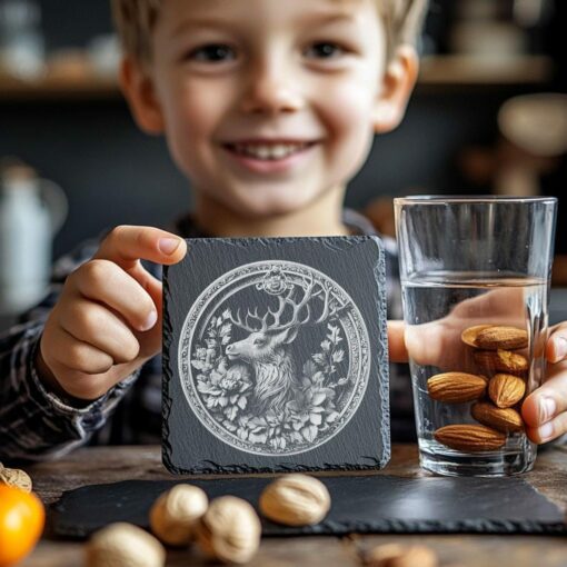 Slate Coaster File | Reindeer & Flower 3D