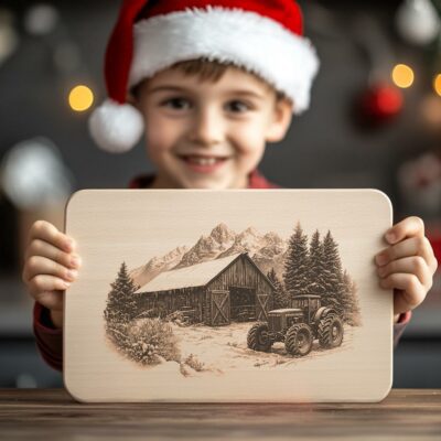 Winter Barn & Tractor Charcuterie Board Laser Engraving