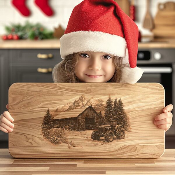 Winter Barn & Tractor Charcuterie Board Laser Engraving