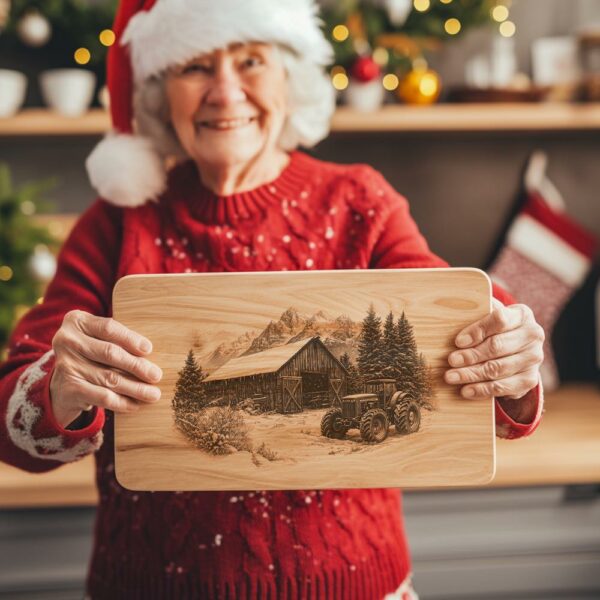 Winter Barn & Tractor Charcuterie Board Laser Engraving